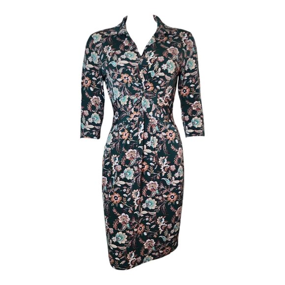 EnFocus Studio Dress Womens Size 4 Green Floral Collared 3/4 Sleeve Forest Fairy - Picture 1 of 6